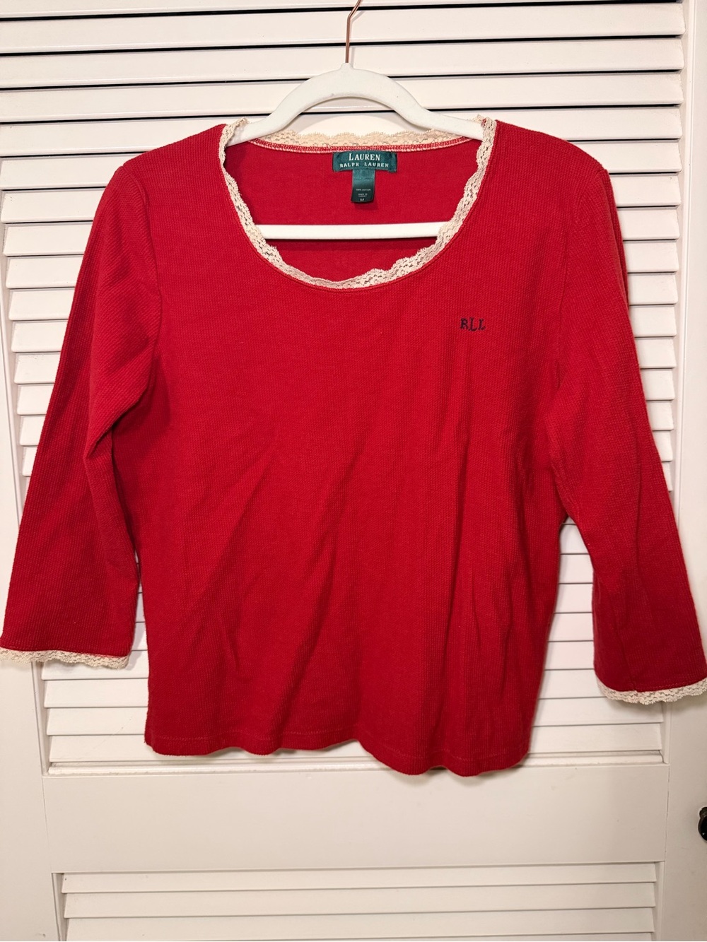 Lauren Ralph Lauren Red Tee with Cream Lace Trim - Size Medium